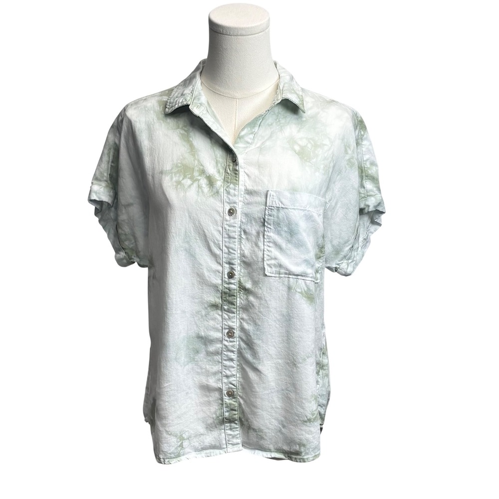 Anthropologie Cloth & Stone Button Down Shirt Green Tie‎ Dye Tencel Boho XS